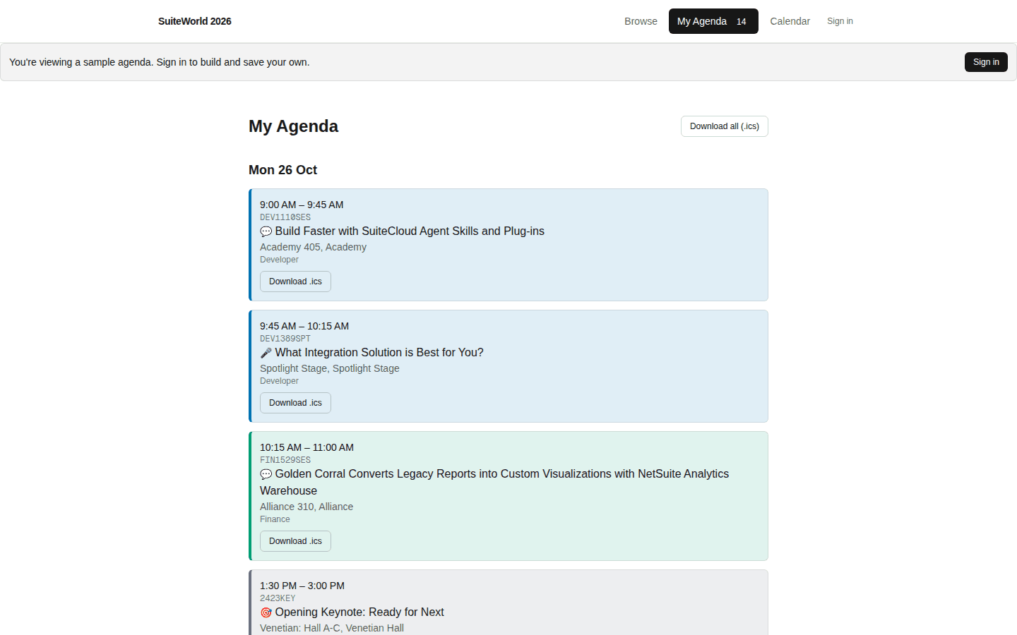 Screenshot of the My Agenda page listing picked sessions grouped by day with conflict warnings