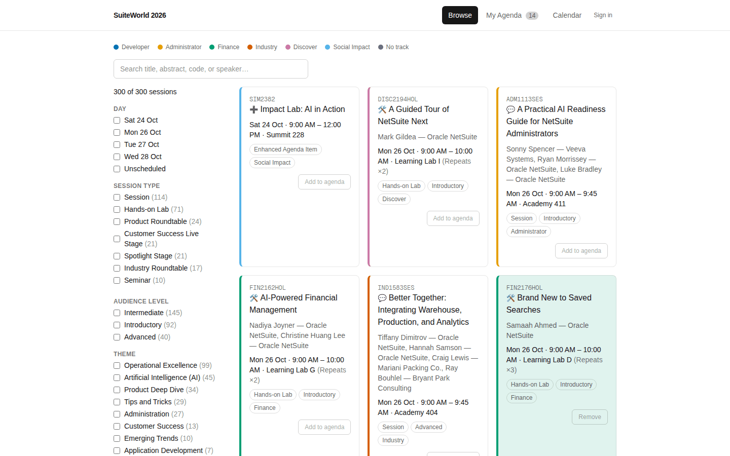 Screenshot of the Browse catalog page listing SuiteWorld sessions with search and facet filters