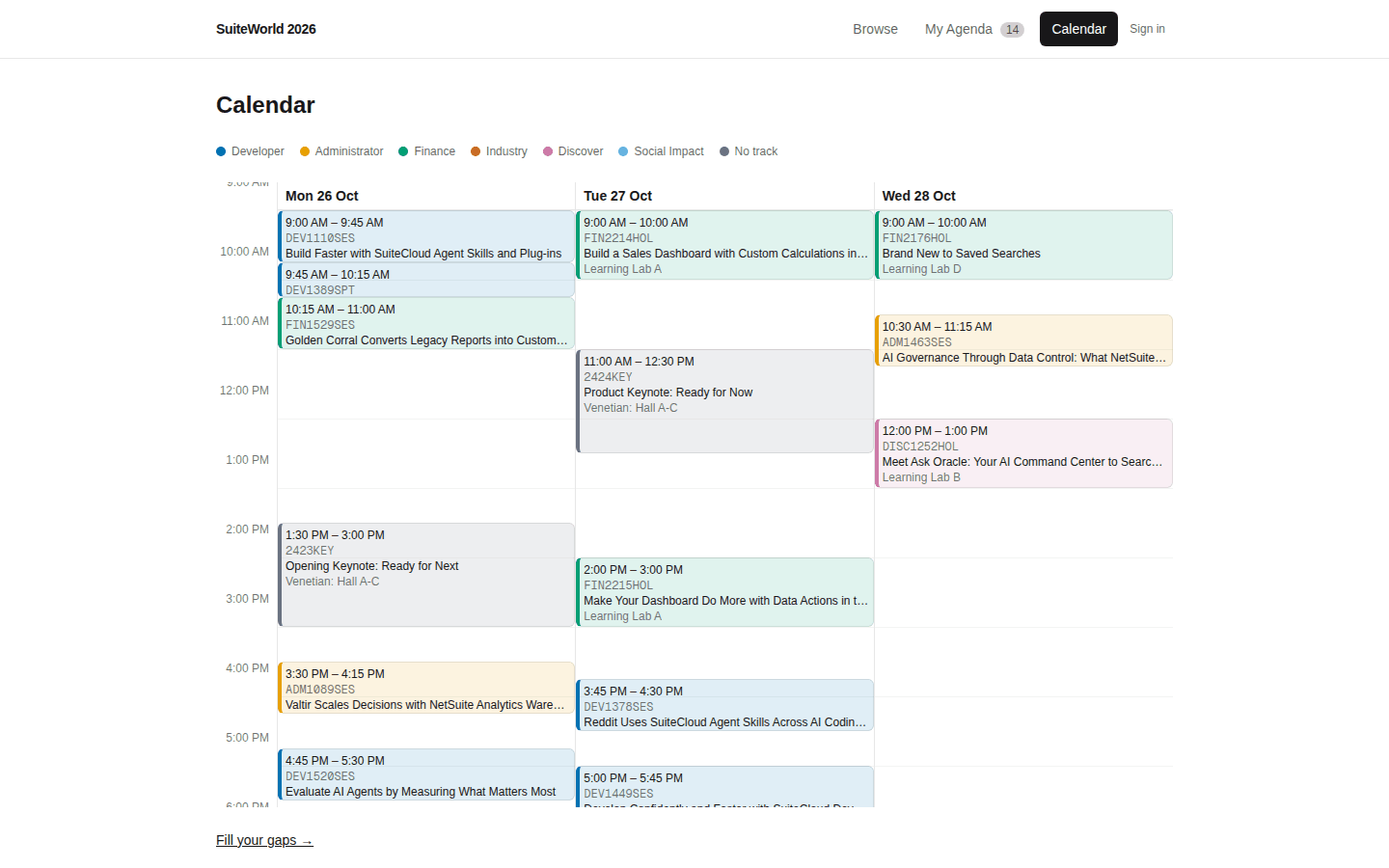 Screenshot of the Calendar page showing a day grid with color-coded session blocks and an overlap lane